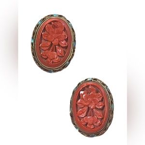 Antique Sterling silver gold wash enameled cinnabar Chinese Export Earrings